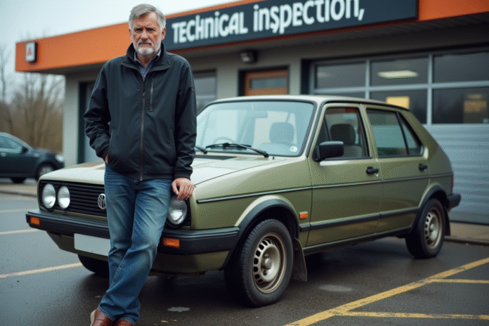 Homme d'âge moyen devant une voiture lors d'un contrôle technique