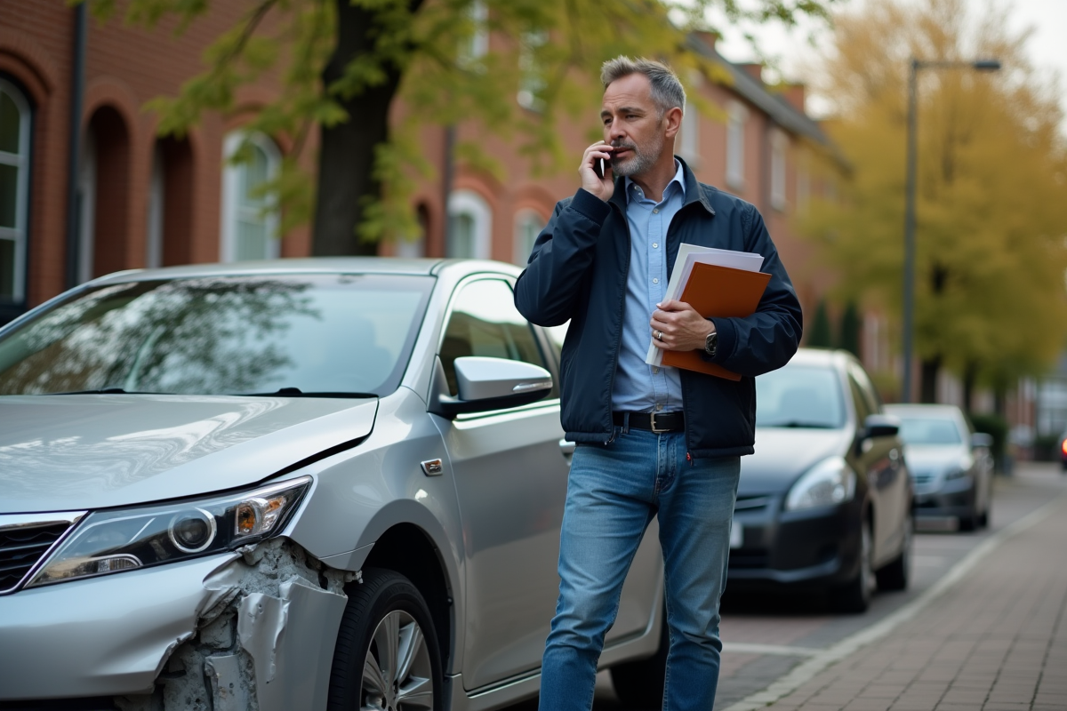 Homme d'âge moyen avec voiture endommagée en extérieur