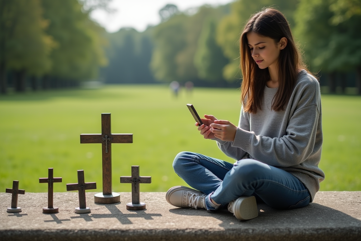 Jeune femme comparant deux croix en métal dans un parc