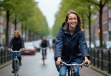 Jeune femme à vélo dans un canal d'Amsterdam avec bâtiments traditionnels