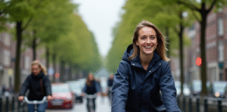 Jeune femme à vélo dans un canal d'Amsterdam avec bâtiments traditionnels