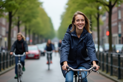 Jeune femme à vélo dans un canal d'Amsterdam avec bâtiments traditionnels