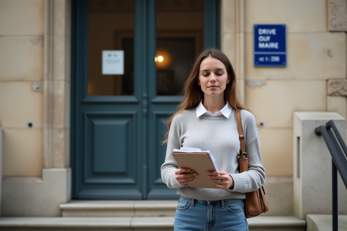 Jeune femme avec dossier devant la mairie en extérieur
