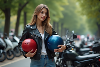 Jeune femme avec casque rouge et bleu à côté d'une moto