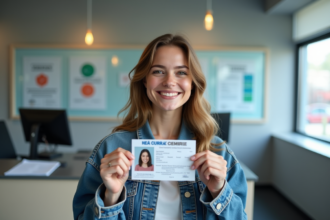 Jeune femme souriante tenant son permis de conduire dans un bureau