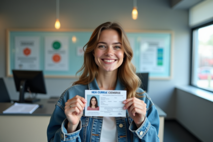 Jeune femme souriante tenant son permis de conduire dans un bureau