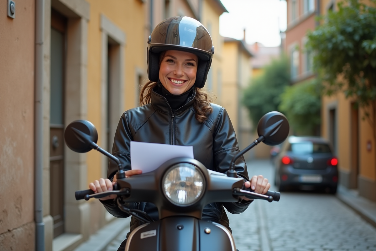 Jeune femme en équipement de protection sur scooter
