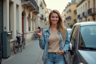 Jeune femme souriante avec voiture sans permis dans la rue