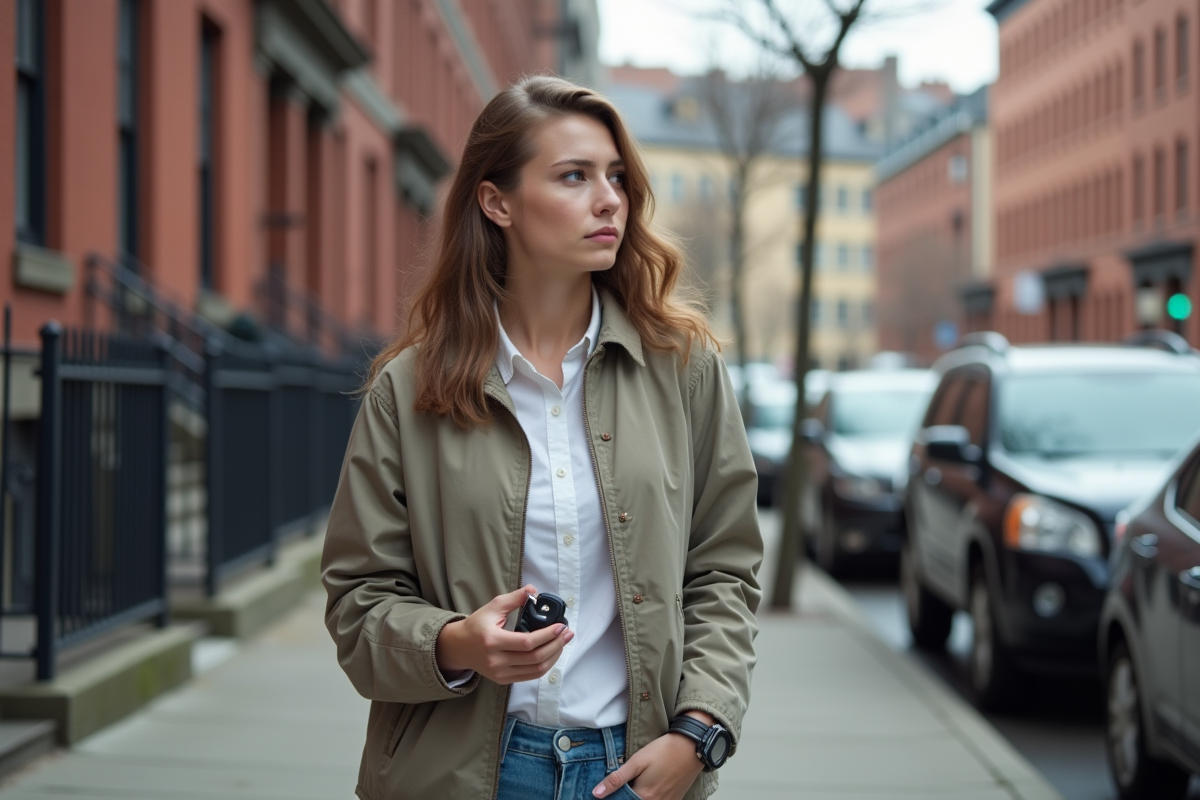 Jeune femme tenant ses clés de voiture sur une rue urbaine