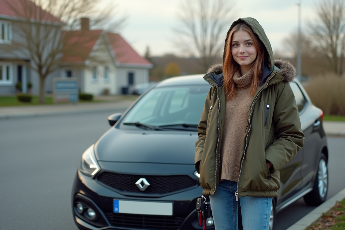 Jeune fille française souriante avec sa voiture en banlieue