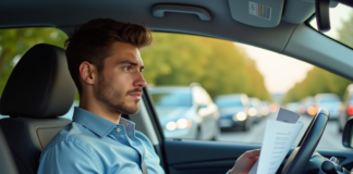 Infractions de classe 4 : tout savoir sur les types et conséquences Jeune homme en voiture tenant un document dans un environnement urbain