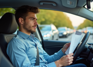 Infractions de classe 4 : tout savoir sur les types et conséquences Jeune homme en voiture tenant un document dans un environnement urbain