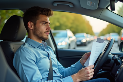 Jeune homme en voiture tenant un document dans un environnement urbain