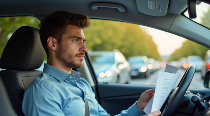 Jeune homme en voiture tenant un document dans un environnement urbain