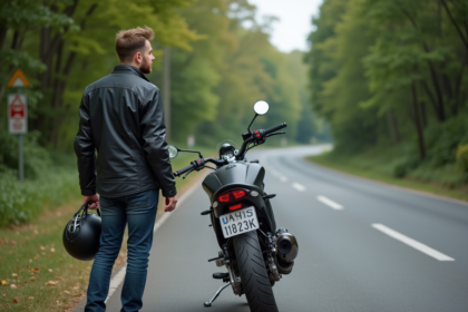 Jeune homme en moto jacket regardant sa moto en nature
