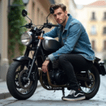 Essentiels pour sublimer votre Dax 125 Skyteam Jeune homme en denim près de sa moto Dax Skyteam urbaine