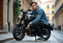 Jeune homme en denim près de sa moto Dax Skyteam urbaine