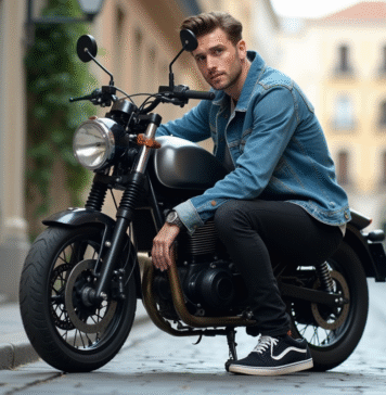 Essentiels pour sublimer votre Dax 125 Skyteam Jeune homme en denim près de sa moto Dax Skyteam urbaine