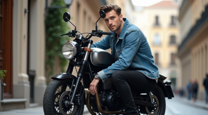 Essentiels pour sublimer votre Dax 125 Skyteam Jeune homme en denim près de sa moto Dax Skyteam urbaine