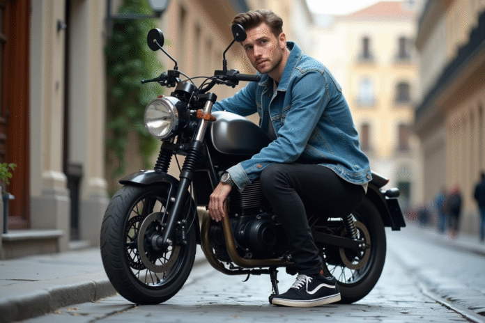 Jeune homme en denim près de sa moto Dax Skyteam urbaine