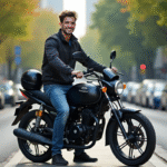 Pourquoi choisir une Magpower Avengers 125 d’occasion pour ses déplacements Jeune homme souriant avec moto Magpower Avengers 125 en ville