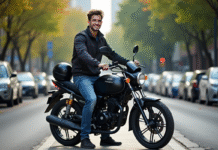 Pourquoi choisir une Magpower Avengers 125 d’occasion pour ses déplacements Jeune homme souriant avec moto Magpower Avengers 125 en ville