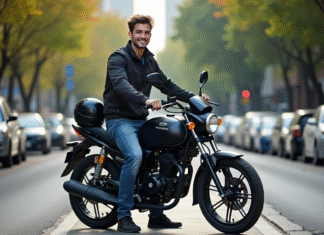 Pourquoi choisir une Magpower Avengers 125 d’occasion pour ses déplacements Jeune homme souriant avec moto Magpower Avengers 125 en ville