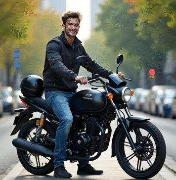 Pourquoi choisir une Magpower Avengers 125 d’occasion pour ses déplacements Jeune homme souriant avec moto Magpower Avengers 125 en ville