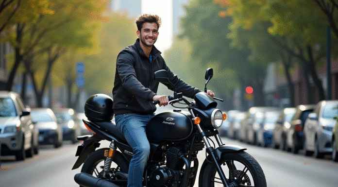 Pourquoi choisir une Magpower Avengers 125 d’occasion pour ses déplacements Jeune homme souriant avec moto Magpower Avengers 125 en ville