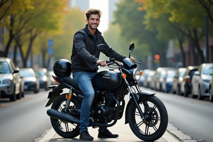 Jeune homme souriant avec moto Magpower Avengers 125 en ville