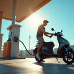 Jeune homme rechargeant son scooter moderne au station service