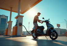 Jeune homme rechargeant son scooter moderne au station service