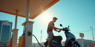 Jeune homme rechargeant son scooter moderne au station service