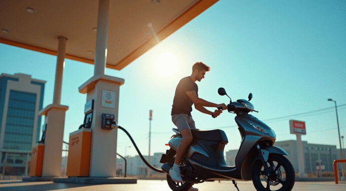 Jeune homme rechargeant son scooter moderne au station service