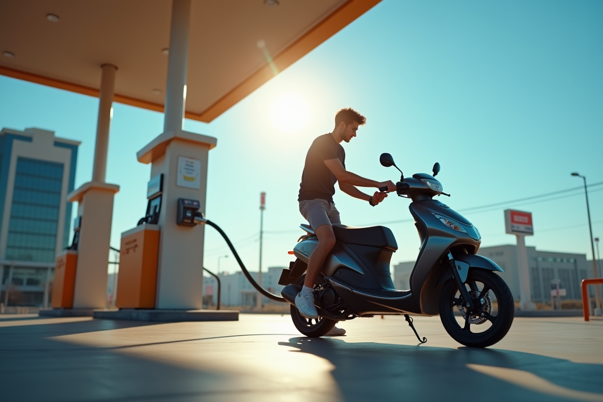 Jeune homme rechargeant son scooter moderne au station service