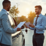 Jeune homme confiant recevant des clés de voiture à côté d'une voiture brillante
