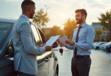 Jeune homme confiant recevant des clés de voiture à côté d'une voiture brillante