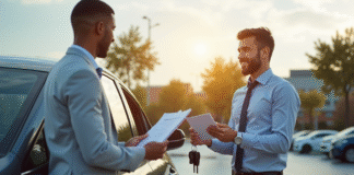 Jeune homme confiant recevant des clés de voiture à côté d'une voiture brillante