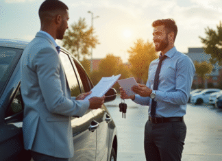 Jeune homme confiant recevant des clés de voiture à côté d'une voiture brillante