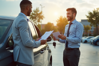 Jeune homme confiant recevant des clés de voiture à côté d'une voiture brillante