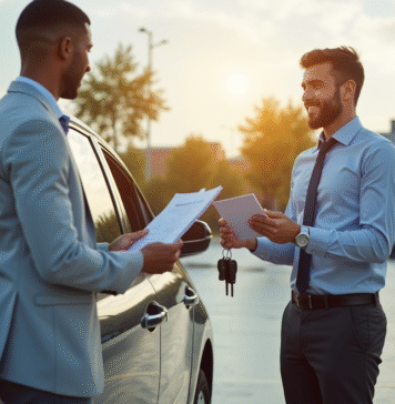 Jeune homme confiant recevant des clés de voiture à côté d'une voiture brillante