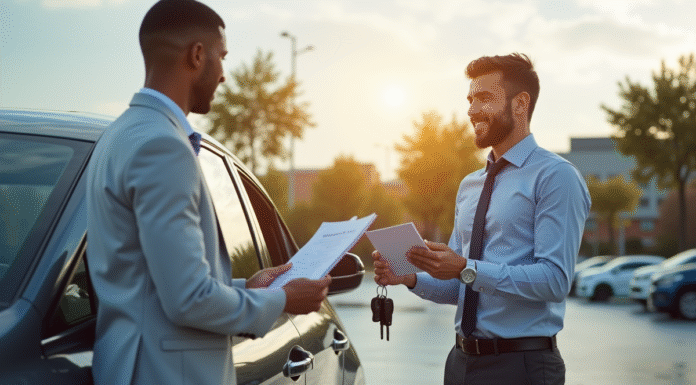 Jeune homme confiant recevant des clés de voiture à côté d'une voiture brillante