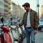 Prix scooter d’occasion : tarifs moyens et bonnes affaires en 2025 ! Jeune homme souriant examine un scooter d'occasion en ville