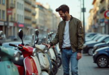 Prix scooter d’occasion : tarifs moyens et bonnes affaires en 2025 ! Jeune homme souriant examine un scooter d'occasion en ville