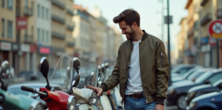Prix scooter d’occasion : tarifs moyens et bonnes affaires en 2025 ! Jeune homme souriant examine un scooter d'occasion en ville