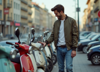 Prix scooter d’occasion : tarifs moyens et bonnes affaires en 2025 ! Jeune homme souriant examine un scooter d'occasion en ville