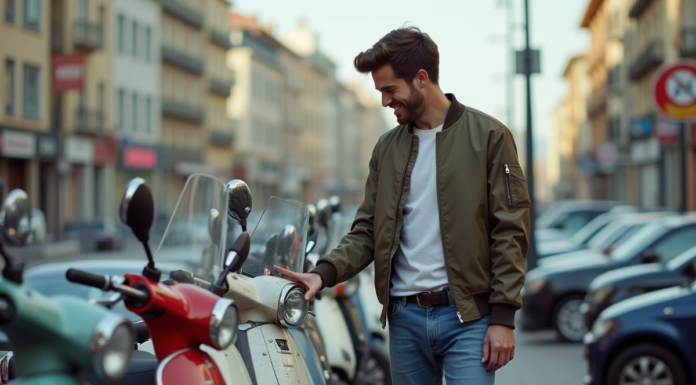 Jeune homme souriant examine un scooter d'occasion en ville
