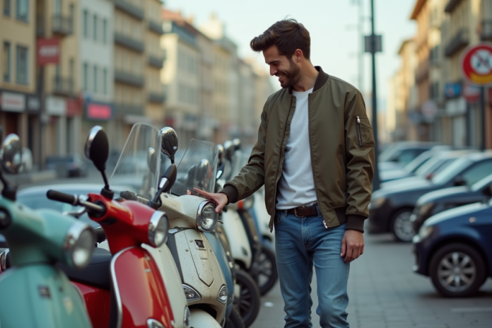 Jeune homme souriant examine un scooter d'occasion en ville
