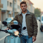 Jeune homme avec casque à côté d'un scooter en ville