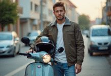 Jeune homme avec casque à côté d'un scooter en ville